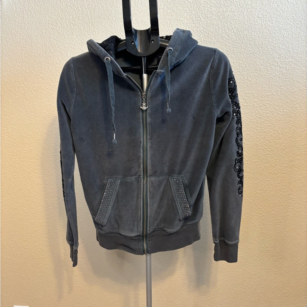 Miss Me Y2K Velour Zip Up Hoodie Large Charcoal Gray Lace Hood Rhinestones